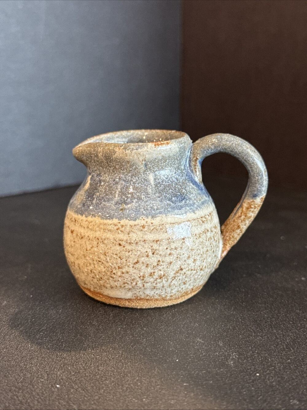 Vintage Mini Stoneware Creamer Pitcher Blue Gray Speckled Pottery 2” Rustic